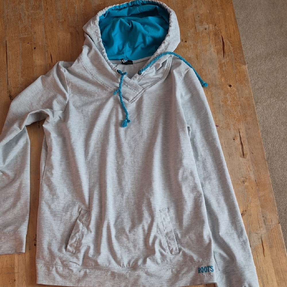 Roots Light Gray Hoodie with Teal Accents
